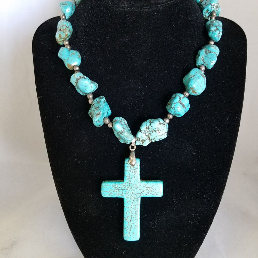 Dyed Howlite Turquoise Color Cross Necklace Nugget Beads Southwestern Boho